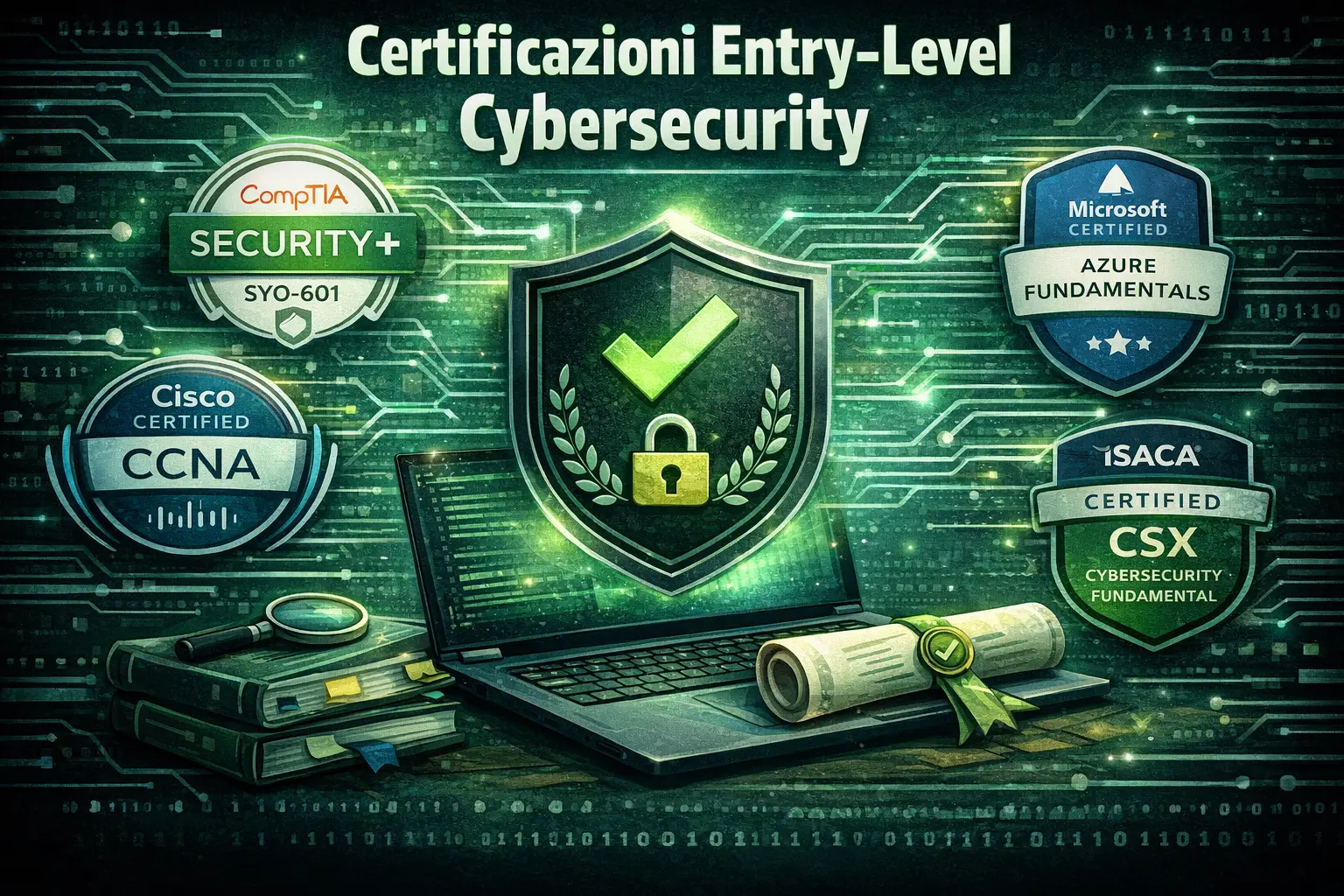 Scrivania con laptop e appunti: certificazioni entry level cybersecurity per iniziare