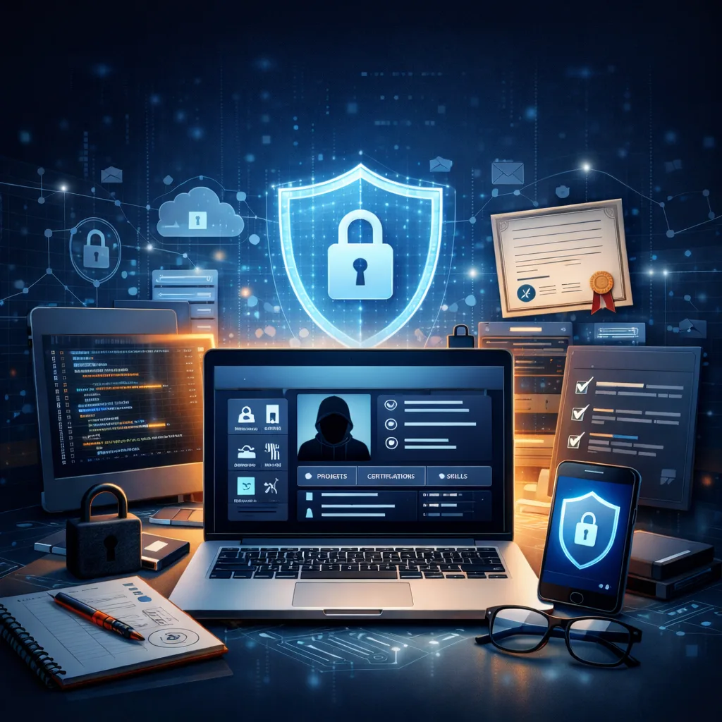 Giovane professionista costruisce portfolio in cybersecurity sul laptop