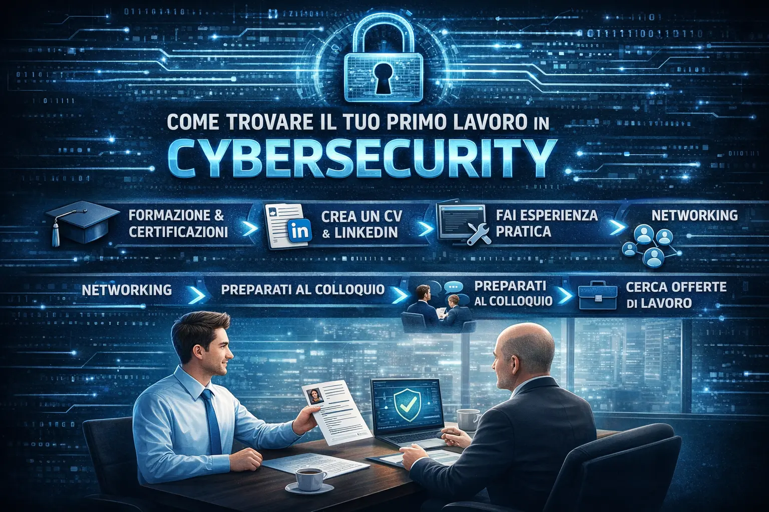 Persona che invia un CV dal laptop con un’icona a forma di scudo