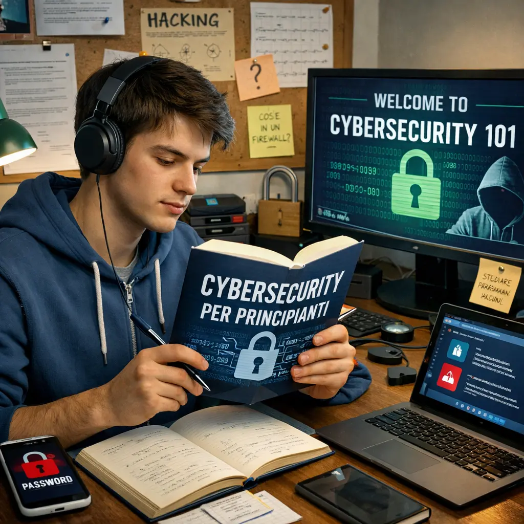 Studente che segue un corso di cybersecurity da zero al computer