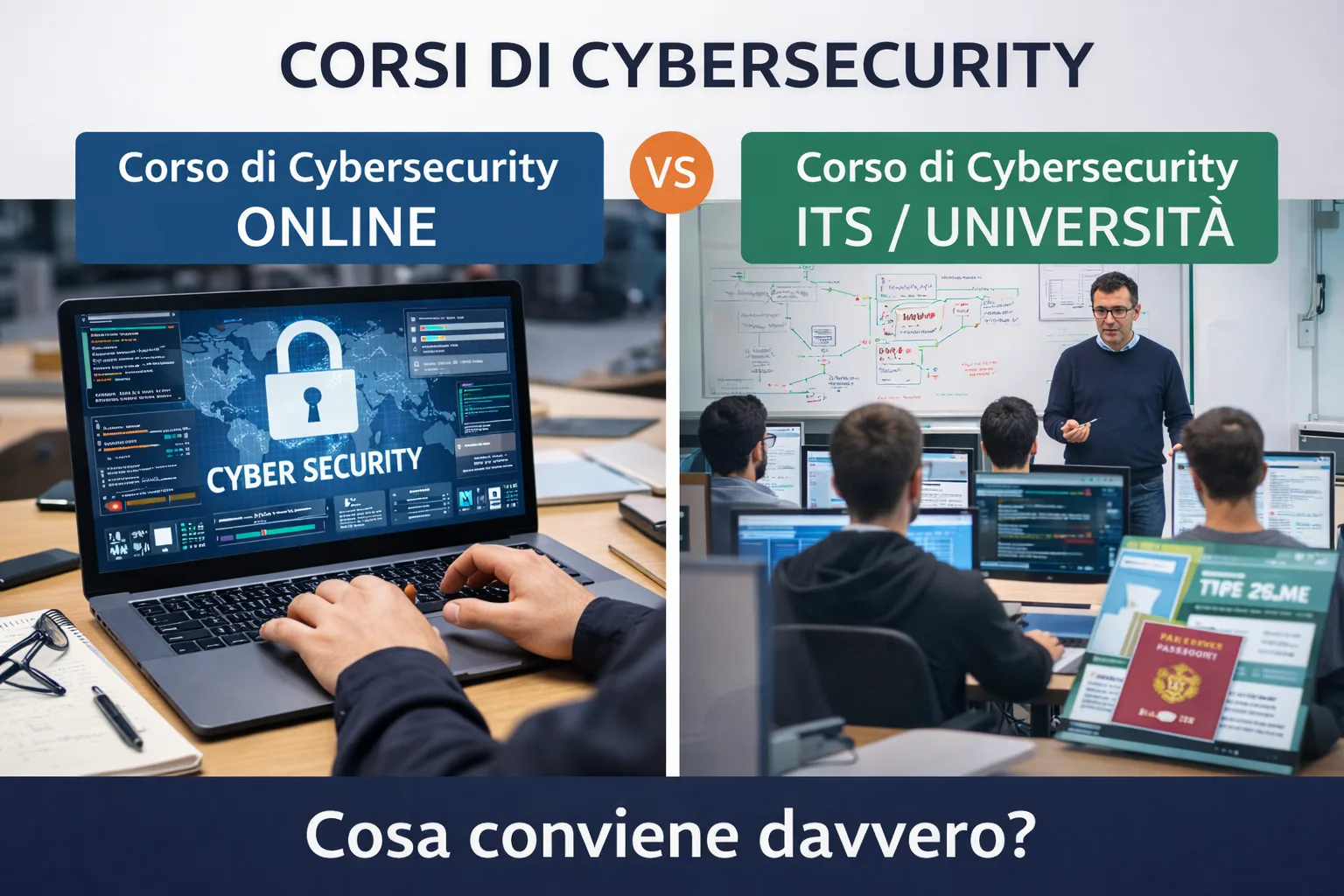 Studente al laptop mentre valuta un corso cybersecurity online rispetto a Università e ITS