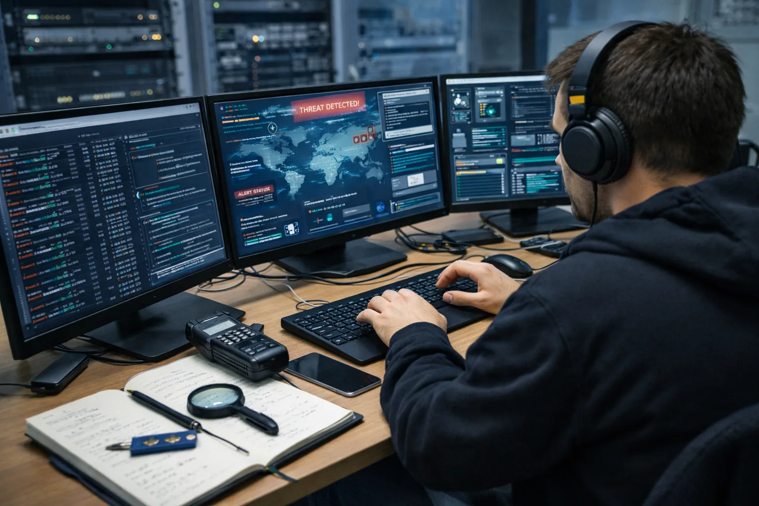 Analista SOC junior che monitora minacce informatiche in un Security Operation Center