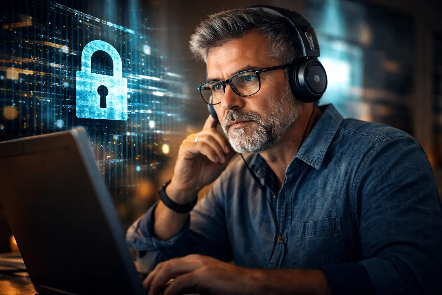 Professionista al computer durante un corso di cybersecurity per over 40