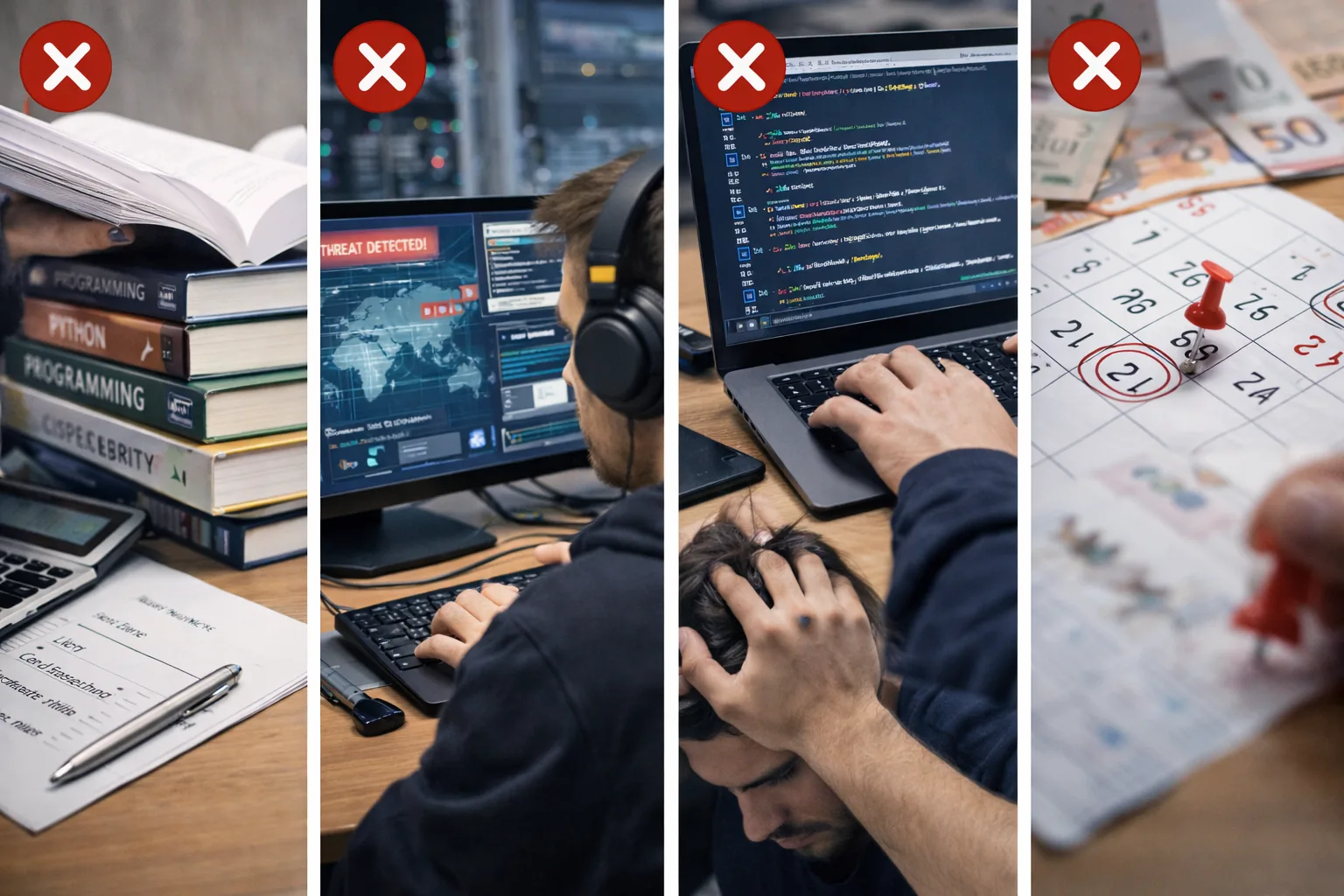 Scrivania con laptop e appunti: errori iniziare cybersecurity nei primi mesi