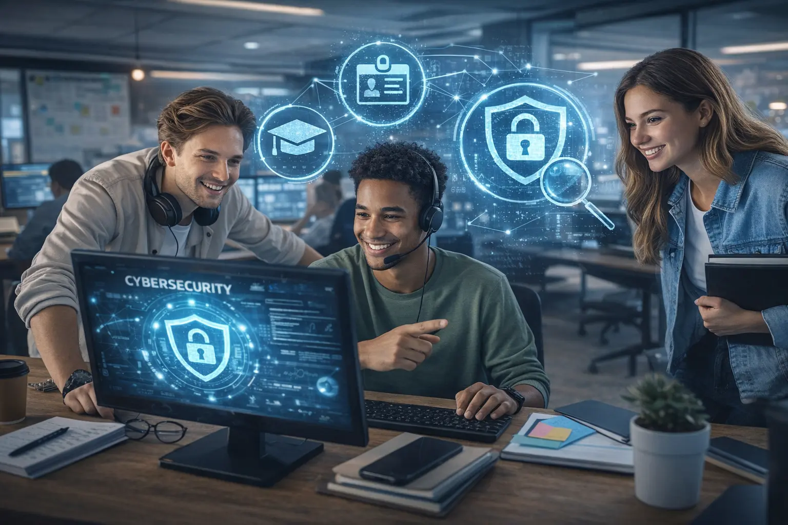 Scrivania con laptop e dashboard di sicurezza per lavori entry level in cybersecurity
