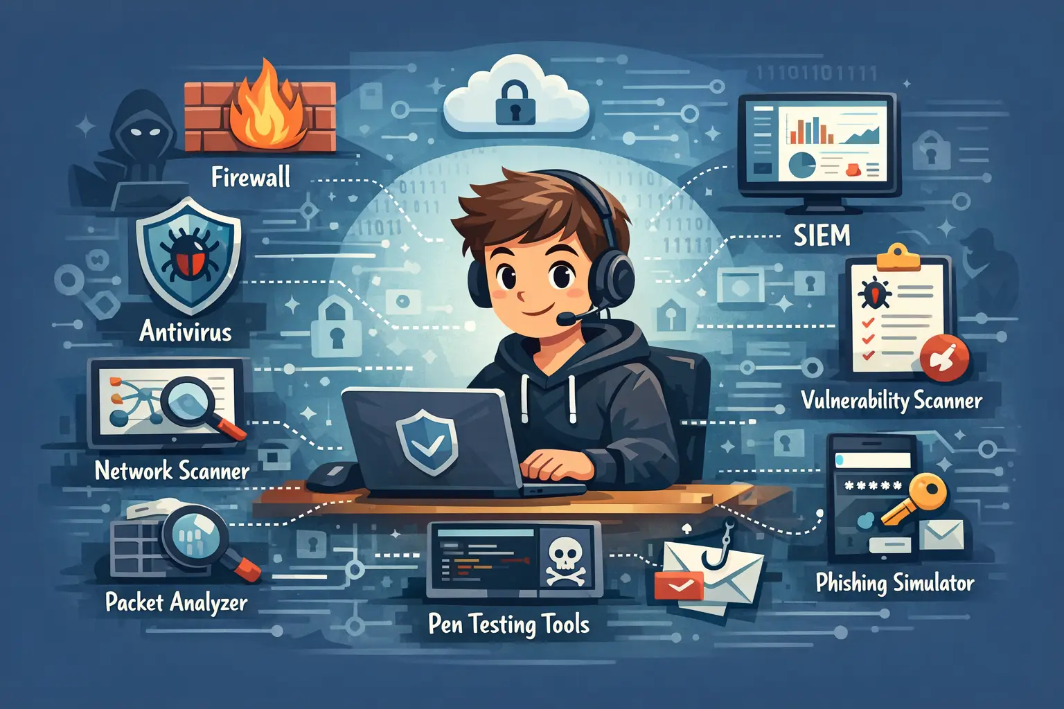 Scrivania con laptop e terminale aperto: strumenti cybersecurity per junior